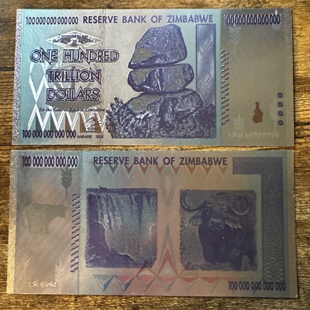 Souvenir One Hundred Trillion Dollars Zimbabwe Silvery Foil Banknote Collectible